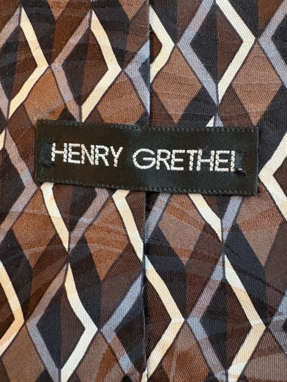 Vintage Henry Grethel 100% Italian Silk Geometric Diamond Tie 4" Wide Brown Crea